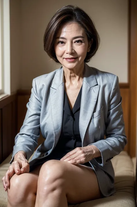 (masterpiece:1.4),(66-year-old woman:1.5),(Facial wrinkles:1.2), acnes, A kind smile,Motherhood Mature Woman, business suit