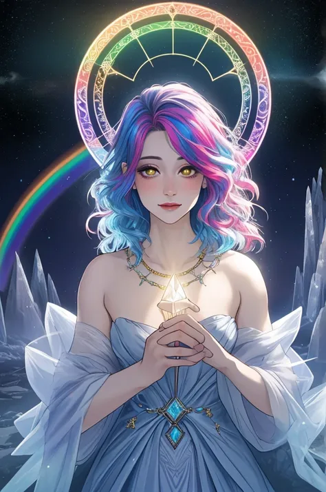 Enchanted Luminosity
Ethereal Shimmer
Mystical Radiance
Glowing Aura
Supernatural Gleam
Magical Radiance
Ephemeral Luminescence
halo
age 35, wizard,  crystal wasteland, gem, jewel, ruby, rainbow hair