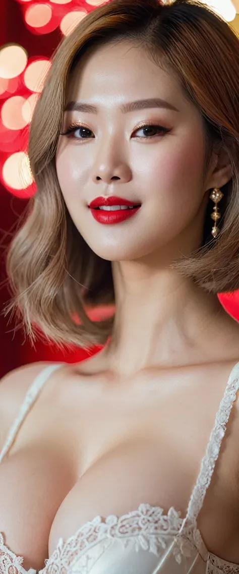 close-up of beautiful korean female, Gorgeus Girl, Beautiful, Baby Face, 20 Years Old, White Skin, red lipstick, sensual Lipstick, Colossal Breasts, Movie Lighting, Futuristic, ((Cleavage)), white-Gold Classy Lace G-string, Rose Eye, Muscles, Bokeh, Master...