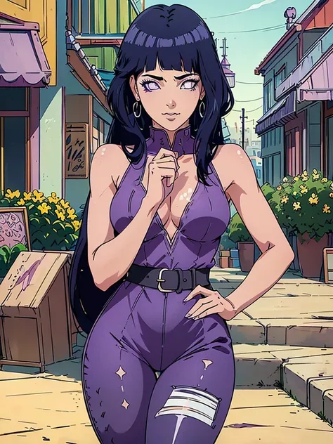 Just one girl,Best quality, 4k, high resolution, body stuck dress, perfect smile, gorgeous, light skin, ahegao face(hentai face) ,dark blue hair,(hinata hyuga hair style),wearing A short soft purple blouse(top is soft purple colour) and
wears tight dark vi...