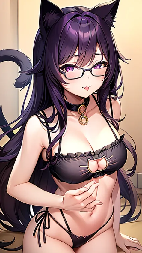 (Masterpiece), (best quality), Cat girl in her 20s, long hair, dark purple hair, chest, purple eyes, cat ears and cat tail, round glasses, black bra, sticking out tongue.