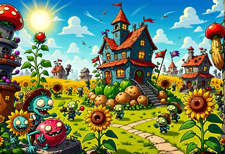 extremely detailed fantasy world,various strange plants and zombies,pea shooter,potato mine,sunflower,cherry bomb,chomper,gatling pea,flag zombie,plants vs zombies game screen image,strategy tower defense game,diverse colorful plants and zombies,vivid colo...