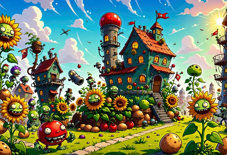 extremely detailed fantasy world,various strange plants and zombies,pea shooter,potato mine,sunflower,cherry bomb,chomper,gatling pea,flag zombie,plants vs zombies game screen image,strategy tower defense game,diverse colorful plants and zombies,vivid colo...