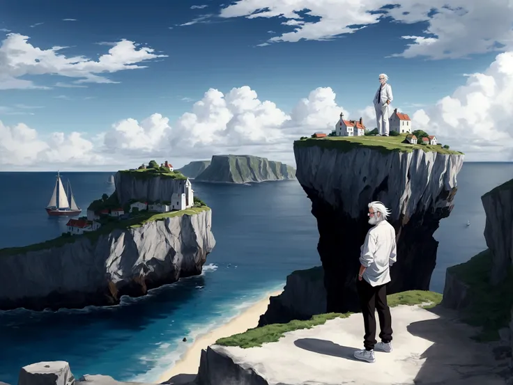 Create a high-quality anime-style image featuring an elderly man standing on a rocky cliff by the sea. The man has white hair, a beard, and is wearing round glasses. He is dressed in a white shirt, beige pants rolled up at the ankles, and white sneakers. H...