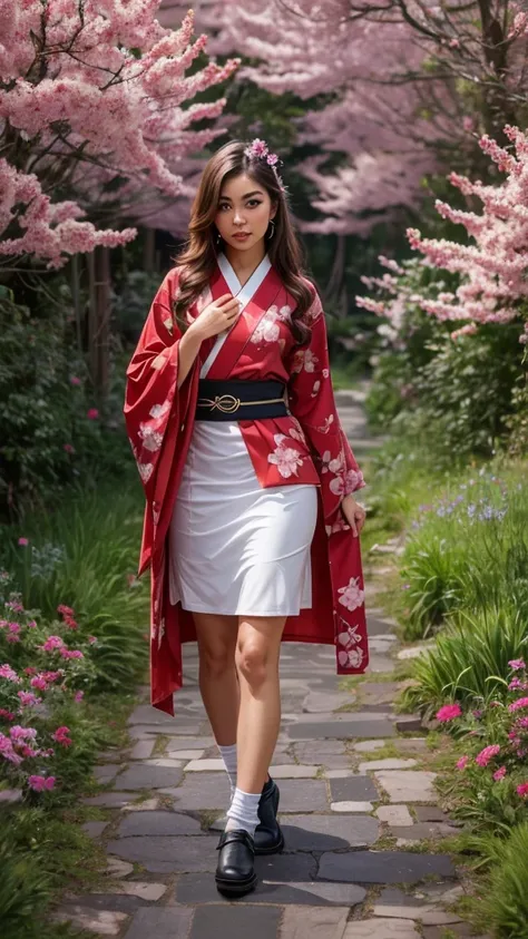 a detailed realistic 8k CGI landscape, hand by Guido Daniele, woman wearing kimono, wooden bridge, sakura blossoms, garland, lace-trimmed kimono, stone brick path, wet path, wooden clogs, tabi socks