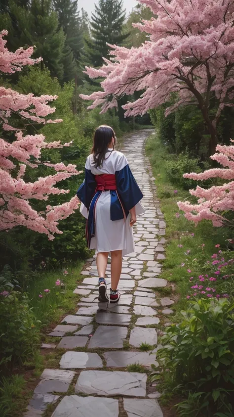 a detailed realistic 8k CGI landscape, hand by Guido Daniele, woman wearing kimono, wooden bridge, sakura blossoms, garland, lace-trimmed kimono, stone brick path, wet path, wooden clogs, tabi socks