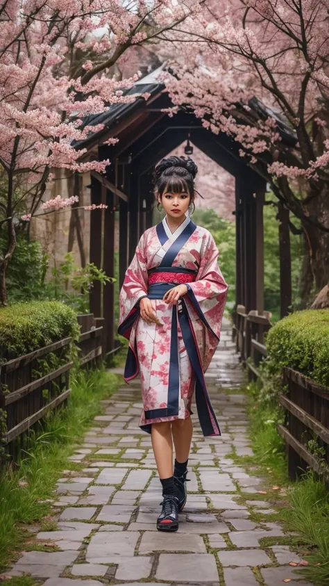 a detailed realistic 8k CGI landscape, hand by Guido Daniele, woman wearing kimono, wooden bridge, sakura blossoms, garland, lace-trimmed kimono, stone brick path, wet path, wooden clogs, tabi socks