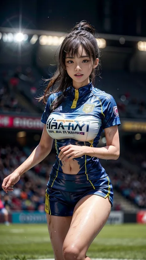 Highest quality, High resolution:1.2, Very detailed, Realistic:1.3, ((Beautiful woman))、((((Super tight uniform))))、((((Super big breasts))))、(The abdomen is visible)、Vibrant colors, ((play soccer)),((Blunt bangs))、Various Hair Styles、Different hair colors...