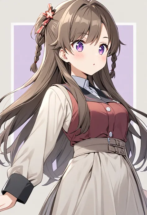 Miroku Yumiko,1girl, solo,purple eyes,long hair, twin braids,braid,brown blond hair,hair ornament,