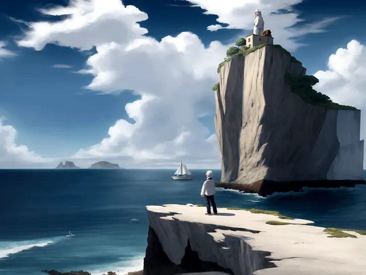 Create a high-quality anime-style image featuring an elderly man standing on a rocky cliff by the sea. The man has white hair, a beard, and is wearing round glasses. He is dressed in a white shirt, beige pants rolled up at the ankles, and white sneakers. H...