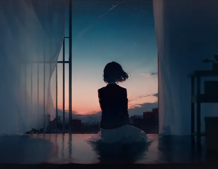 by rella, amazing quality, masterpiece, best quality, absurdres, beautiful, detailed shadow, aesthetic, 1girl, solo, curtains, sky, from behind, sitting, short hair, night, window, skirt, facing away, black hair, scenery, star (sky), indoors, night sky, da...