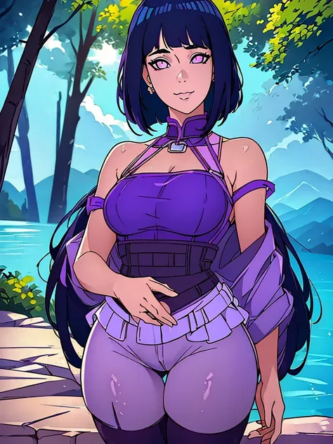 Just one girl,Best quality, 4k, high resolution, body stuck dress, perfect smile, gorgeous, light skin, ahegao face(hentai face) ,dark blue hair,(hinata hyuga hair style),wearing A short soft purple blouse(top is soft purple colour) and
wears tight dark vi...