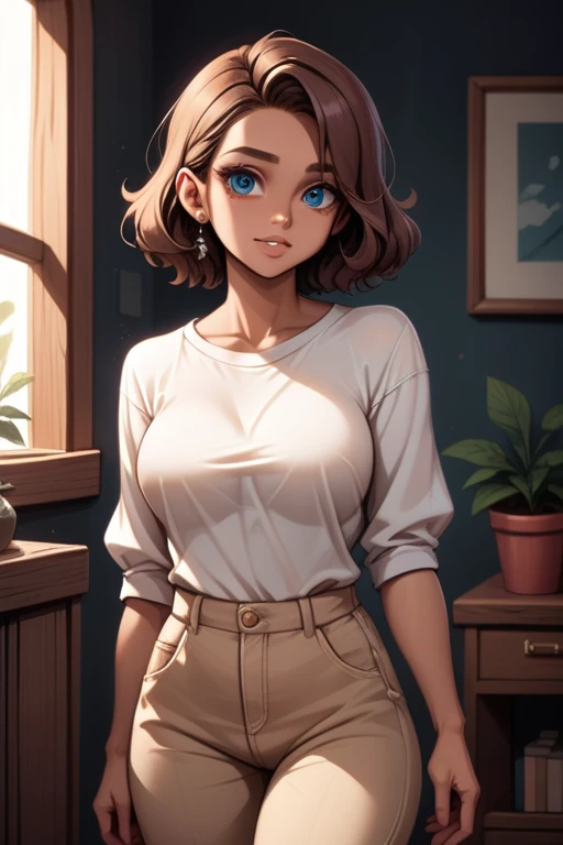 young woman; shoulder-length wavy brown hair; light-brown-skin; blue eyes; girl-next-door; soft features; beautiful; large breasts; casual clothing; plain white blouse "3/4 sleeves" and no graphic; form-fitting tan trousers; in a living room; saucy pose; b...