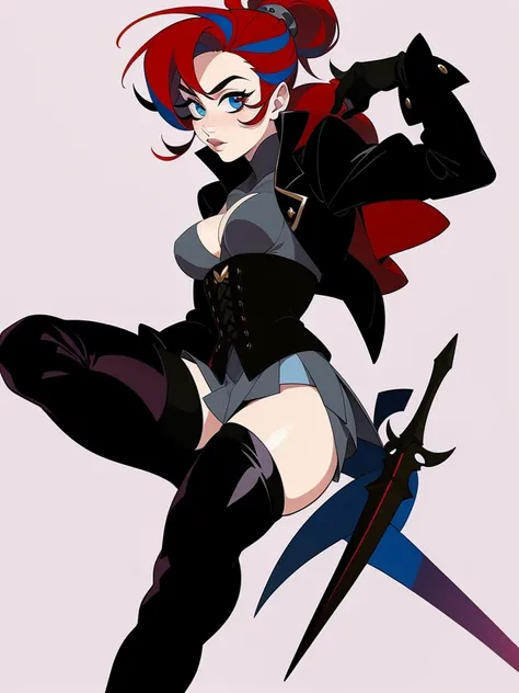 Rogue human woman, with red hair and black streaks, long high ponytail, white corset, black mini skirt, black thigh high boots, black jacket, with a dagger
