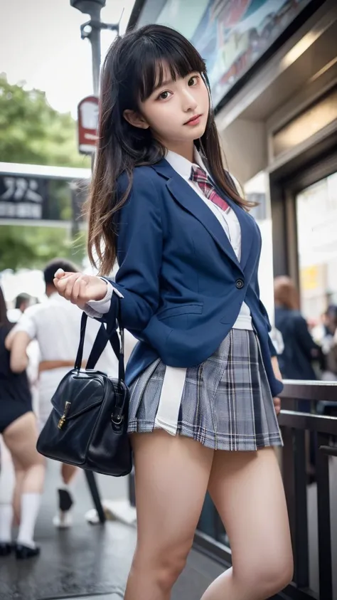 the Extremely Detailed CG Unity 8K Wallpapers、top-quality、ultra-detailliert、​masterpiece、realisitic、Photo Real、extremely detailed cute girl、18year old、(High school student in Japan uniform)、(((skirt lift by yourself)))、(Lifted by yourself)、panties on、panti...