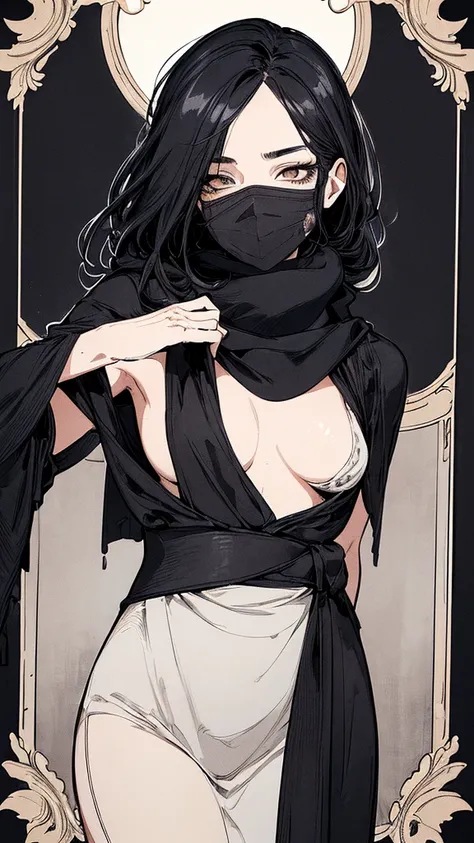 Top quality, (background details), high contrast, one very beautiful woman, detailed original illustration, functional, delicate face, ninja, black ninja costume, black hair, scarf, face hidden by hand towel, attractive, bad girl, sexy, real breasts, small...