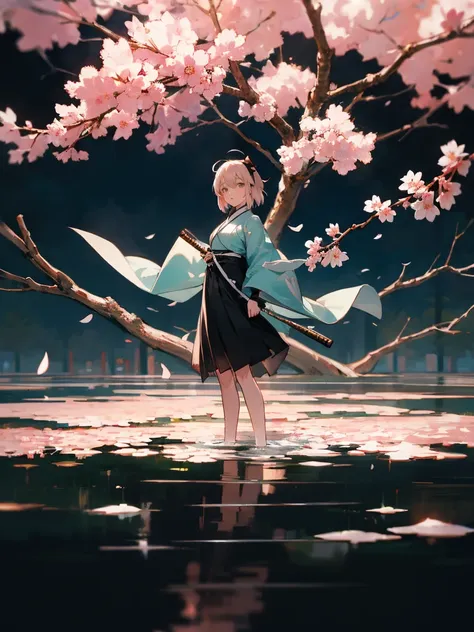 {extremely detailed 8k wallpaper}, {masterpiece}, {best quality}，独奏，full-body shot，okita souji，short hair, kimono，cherry tree