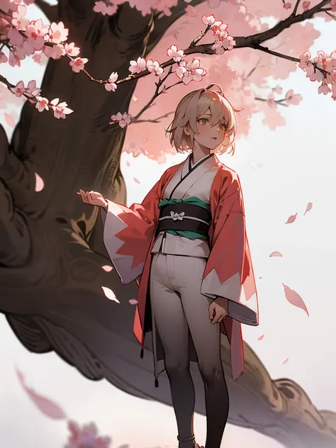 {extremely detailed 8k wallpaper}, {masterpiece}, {best quality}，独奏，full-body shot，okita souji，short hair, kimono，cherry tree