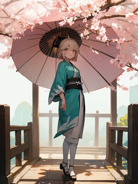 {extremely detailed 8k wallpaper}, {masterpiece}, {best quality}，独奏，full-body shot，okita souji，short hair, kimono，cherry tree