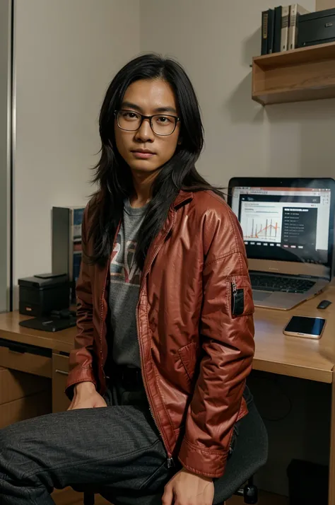 Asian , Singaporean,man,27 years , black , medium length hair, round glasses , casual clothing , red jacket, sits against the background of an office space and charts,Opposite MacBook,Realism,эпик Realism