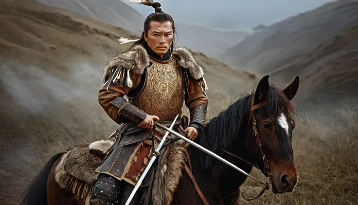 general kraus, wearing leather armor、brown leather protective gear，holding a mongolian scimitar, highly detailed characters, mon...