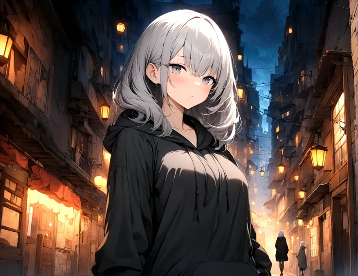 (masterpiece,最high quality,high quality)), ((8K wallpapers integrated with high-definition CG)), (Huge and stunning goddess shot,, Amazing beauty, Perfect proportions, Beautiful body, Slim body beauty:1.1)One girl,City of night,Wearing a hoodie，Gray Hair，B...