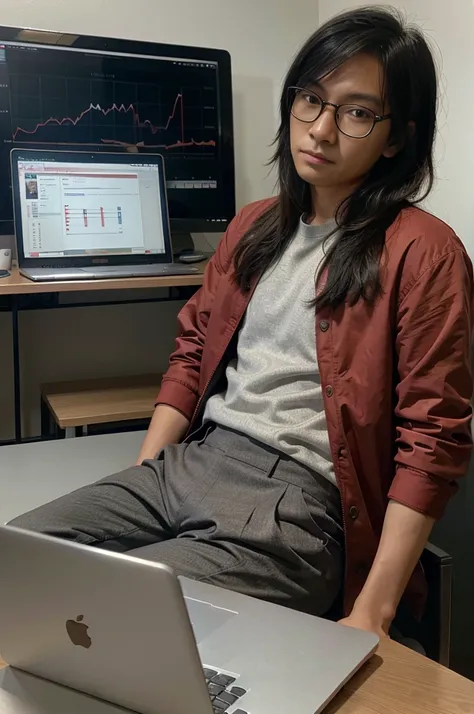 Asian , Singaporean,man,27 years , black , medium length hair, round glasses , casual clothing , red jacket, sits against the background of an office space and charts,Opposite MacBook,Realism,эпик Realism