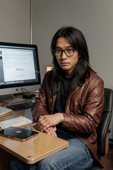 Asian , Singaporean,man,27 years , black , medium length hair, round glasses , casual clothing , red jacket, sits against the background of an office space and charts,Opposite MacBook,Realism,эпик Realism