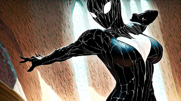 best quality, masterpiece, huge tits, ghost spider, gwen  in a black outfit with spider in the center of his chest in white, org...