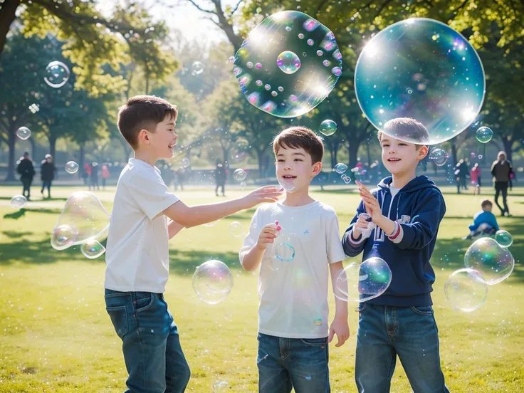 there are two boys and a man playing with bubble in the park, bubble in the air, lots of bubble, soap bubble, bubble, bubble everywhere, Have a great time, bubble of the impossible, foamy bubble, huge bubble, Children playing, Have a great time, shutter, e...