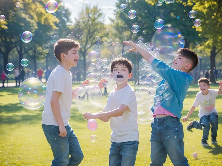 there are two boys and a man playing with bubble in the park, bubble in the air, lots of bubble, soap bubble, bubble, bubble everywhere, Have a great time, bubble of the impossible, foamy bubble, huge bubble, Children playing, Have a great time, shutter, e...