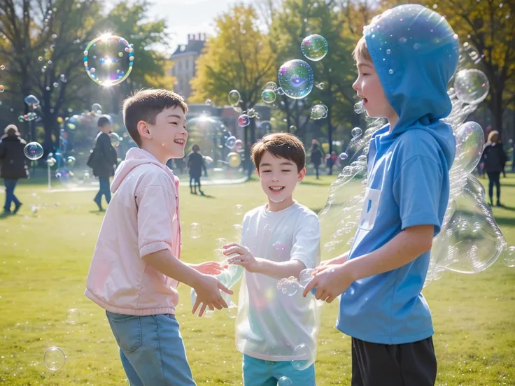 there are two boys and a man playing with bubble in the park, bubble in the air, lots of bubble, soap bubble, bubble, bubble everywhere, Have a great time, bubble of the impossible, foamy bubble, huge bubble, Children playing, Have a great time, shutter, e...