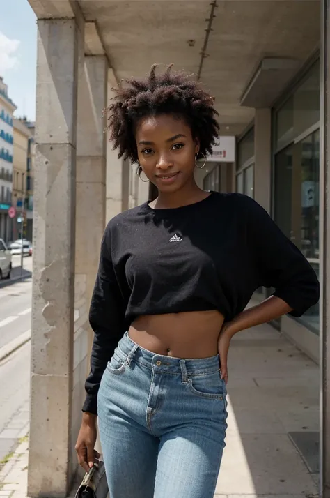 Une jeune fille noire métisse afro-américaine de 20 ans très clair de peau et très belle avec un corps athlétique, skinny des cheveux bouclés mi-longs, un teint lumineux et des traits doux. Elle porte une tenue de sport moderne et se tient dans un environn...