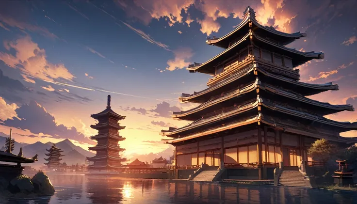 ((masterpiece, best quality, high resolution)), ((Highly detailed CG integrated 8k wallpaper)), The five-story pagoda flutters in the early morning sky, A large number of five-story pagodas,Sunrise on a cloudy morning, A strong sun rises in the sky, moody ...