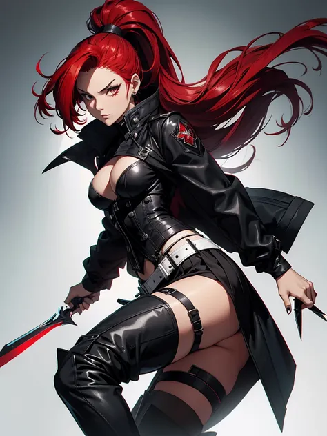 Rogue human woman, with red hair and black streaks, long high ponytail, white corset, black mini skirt, black thigh high boots, black jacket, with a dagger
