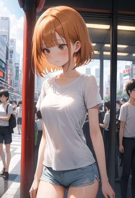 ((masterpiece,Highest quality:1.3,best quality illustration)),cowboy shot,1woman,16-year-old Japan beauty,((very small head:1.4)),short bob hair,bangs,(orange hair),brown eyes,gorgeous eyes,shy,medium breasts,((very long body)),(White T-shirt、Light grey mi...