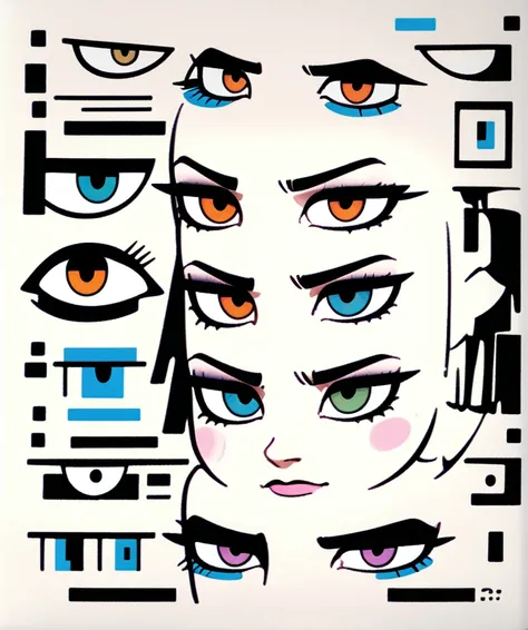 a close up of a drawing of various eyes and eyes, cartoon eyes, eyes). full body, expressive eyes, well drawn eyes, correct eyes proportion, round and well-drawn eyes, grid of eye shapes, various eye shapes, super detailed faces and eyes, eyes!, detailed b...