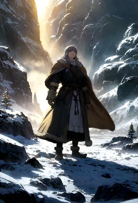 A medieval man and woman in a winter researchers shoulder set, standing in a snowy wasteland, highly detailed, anime, 4k, hyper detailed, cinematic lighting, dramatic, moody, fantasy, concept art