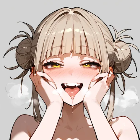 anime artwork, score_9, score_8_up, score_7_up, score_6_up, score_5_up, score_4_up, floox style    //////Himiko toga, big breasts, she is 24 years old, style_3, , , , naked,, yellow eyes, solo, nude,, smile, ,   grey background, simple background , , ,hand...