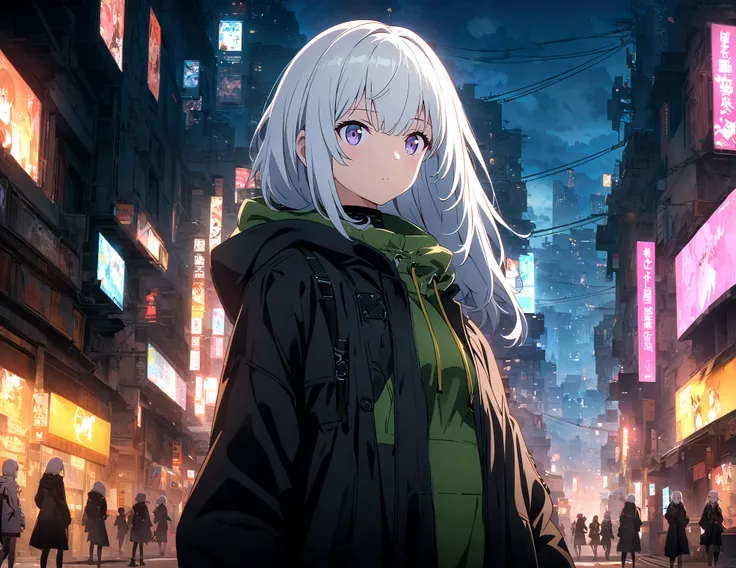 Anime-style image of a woman in a black coat standing on a city street, Best anime 4k konachan wallpaper, Amazing anime 8k, Girls Frontline Style, Anime Style 4k, From Girls Frontline, Cyberpunk anime girl in a hoodie, 4k anime wallpaper, White Hair Girl, ...