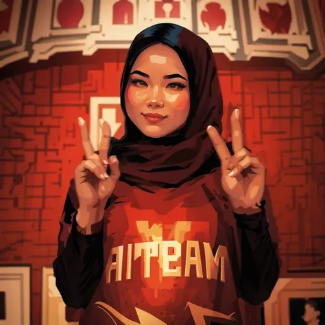 there is a picture of an asian woman in a black hijab in a red shirt, bowater art style, inspired by alberto vargas, vector styl...