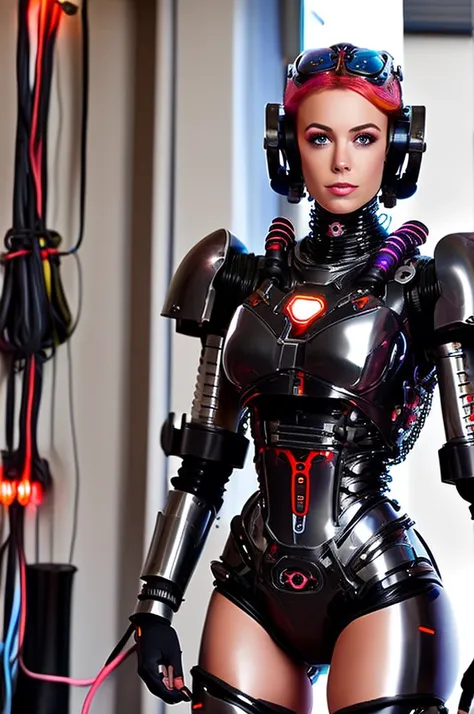 a full-body figure of a cool girl wearing an elaborate mechanical armor suit. expose wiring, numerous cords and tubes connect to...