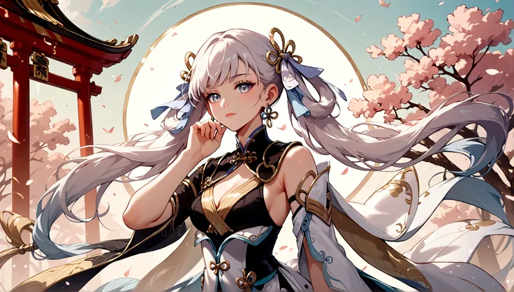 score_9, score_8_up, score_7_up, score_6_up, masterpiece, top quality, best quality, official art, beautiful and aesthetic, close up shot, centered, JinshiWW, long hair, twintails, hair rings, hair ornament, earrings, chinese clothes, two-tone dress, black...