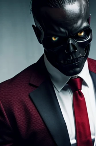 A dark god in a red suit, he has a left skeletal arm, his eyes black and dark, his tie black as night, his head white skull