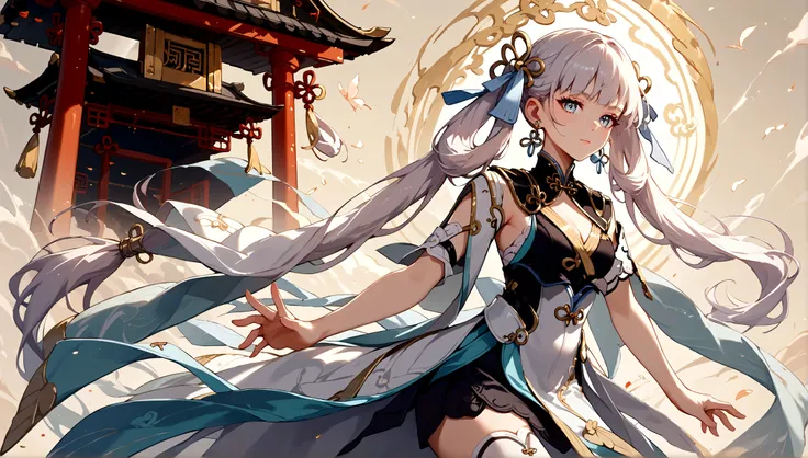 score_9, score_8_up, score_7_up, score_6_up, masterpiece, top quality, best quality, official art, beautiful and aesthetic, close up shot, centered, JinshiWW, long hair, twintails, hair rings, hair ornament, earrings, chinese clothes, two-tone dress, black...