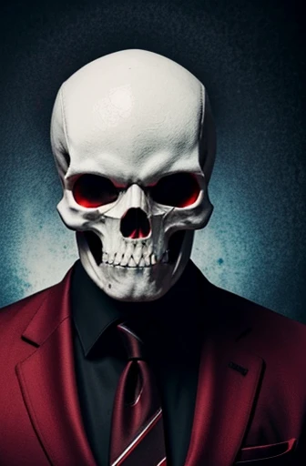 A dark god in a red suit, he has a left skeletal arm, his eyes black and dark, his tie black as night, his head white skull