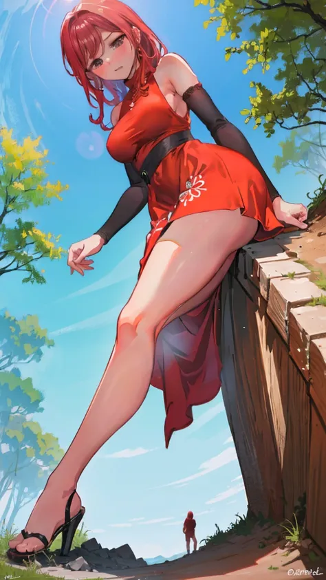 giantess, with a sexy dress, red hair and sexy skin from the forest defending the threes from tiny people, that comes to cut dow...