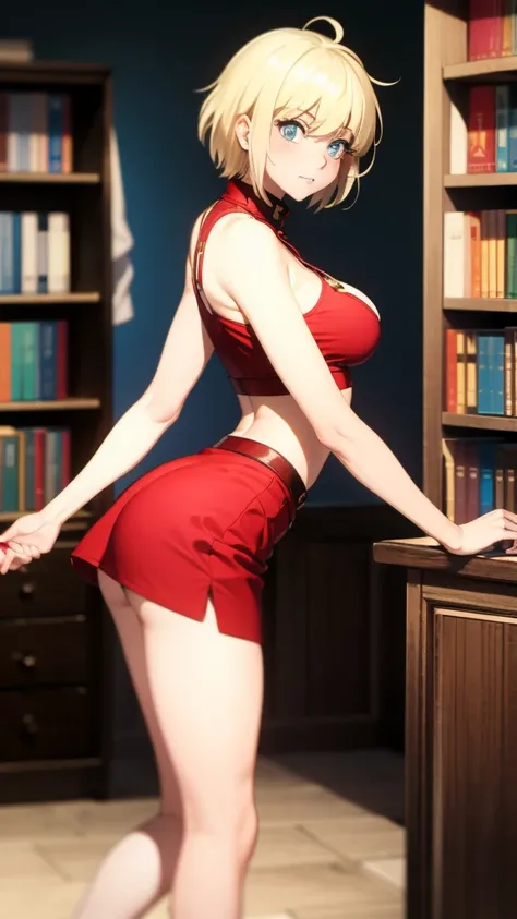 Seras Viktoria, Red top ,1girl , Red skirt,  beach, masterpiece, medium ass, good Athonomy , indoors, library, detailed