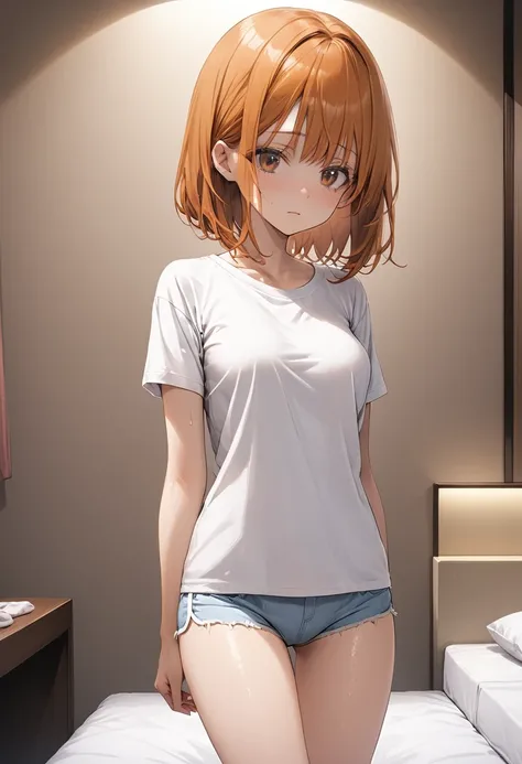 ((masterpiece,Highest quality:1.3,best quality illustration)),cowboy shot,1woman,16-year-old Japan beauty,((very small head:1.4)),short bob hair,bangs,(orange hair),brown eyes,gorgeous eyes,shy,medium breasts,((very long body:1.3)),(White loungewear T-shir...