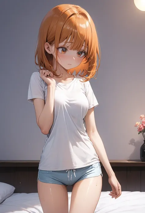 ((masterpiece,Highest quality:1.3,best quality illustration)),cowboy shot,1woman,16-year-old Japan beauty,((very small head:1.4)),short bob hair,bangs,(orange hair),brown eyes,gorgeous eyes,shy,medium breasts,((very long body:1.3)),(White loungewear T-shir...